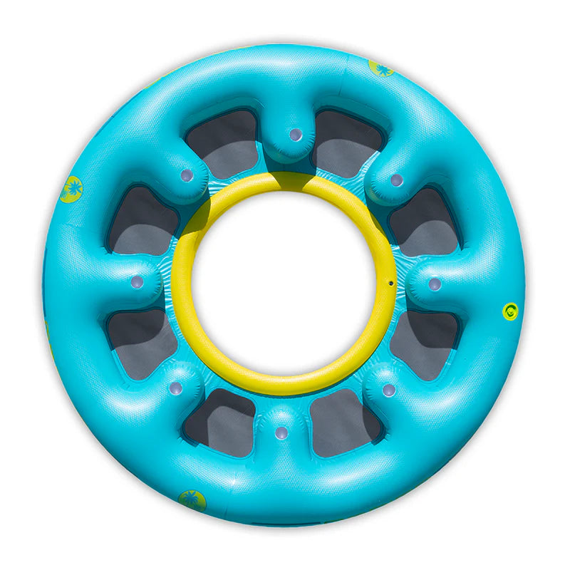 Blue inflatable ring with yellow center on a white background